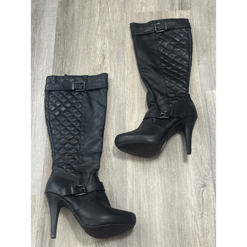 Diba Black Quilted Knee High Moto Boots‎ Stiletto Heel Buckle Detail Womens 8